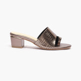 Snakeprint Opentoe Slides metallic side profile with heel