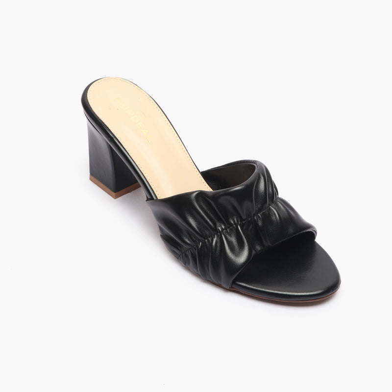 Ruched Block Heel Slides black side single