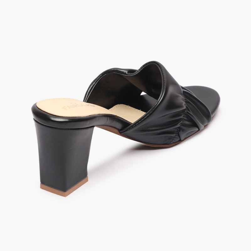 Ruched Block Heel Slides black back angle