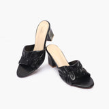 Ruched Block Heel Slides black