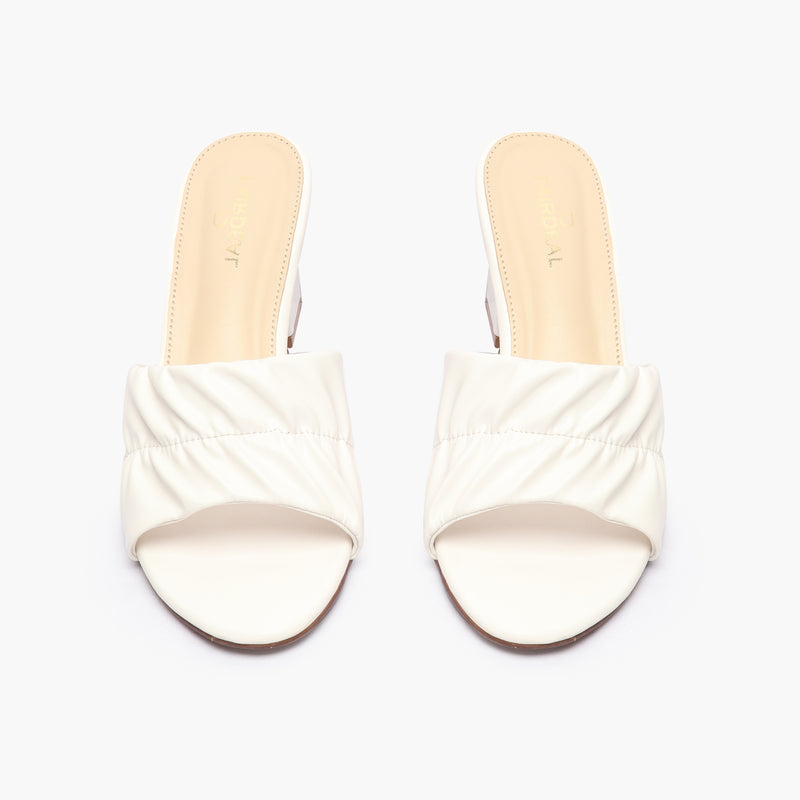 Ruched Block Heel Slides white front angle