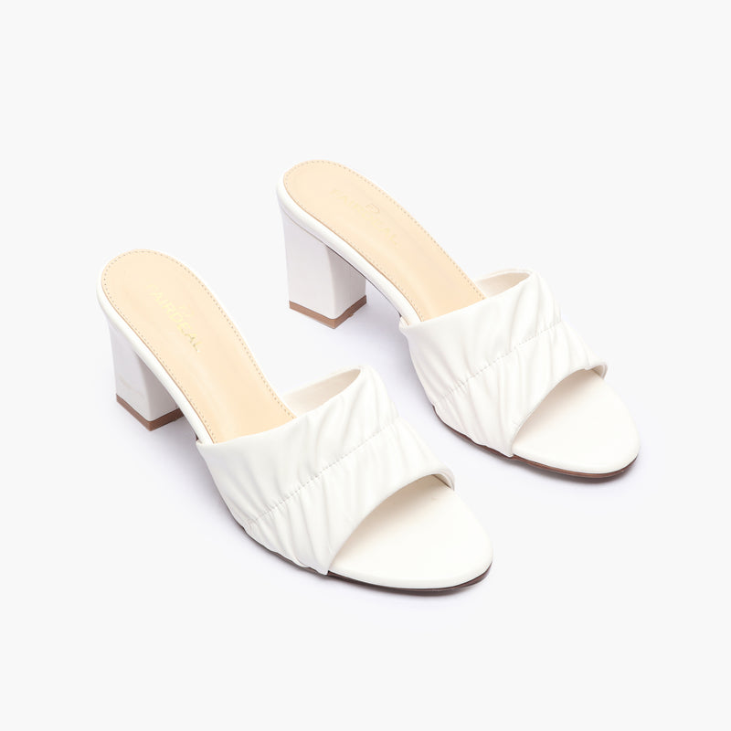 Ruched Block Heel Slides white side angle