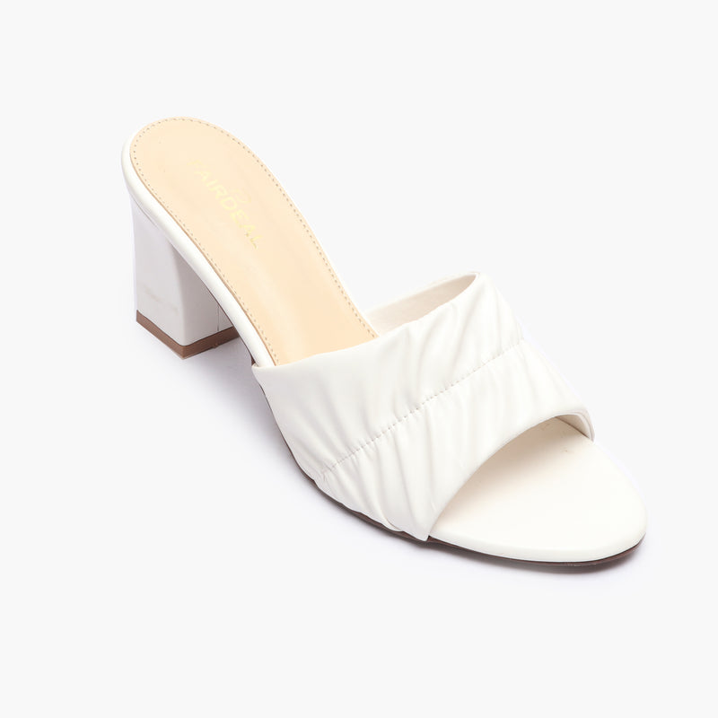 Ruched Block Heel Slides white side single