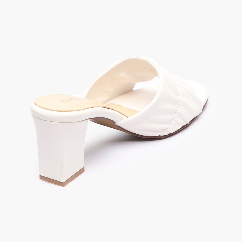 Ruched Block Heel Slides white back angle