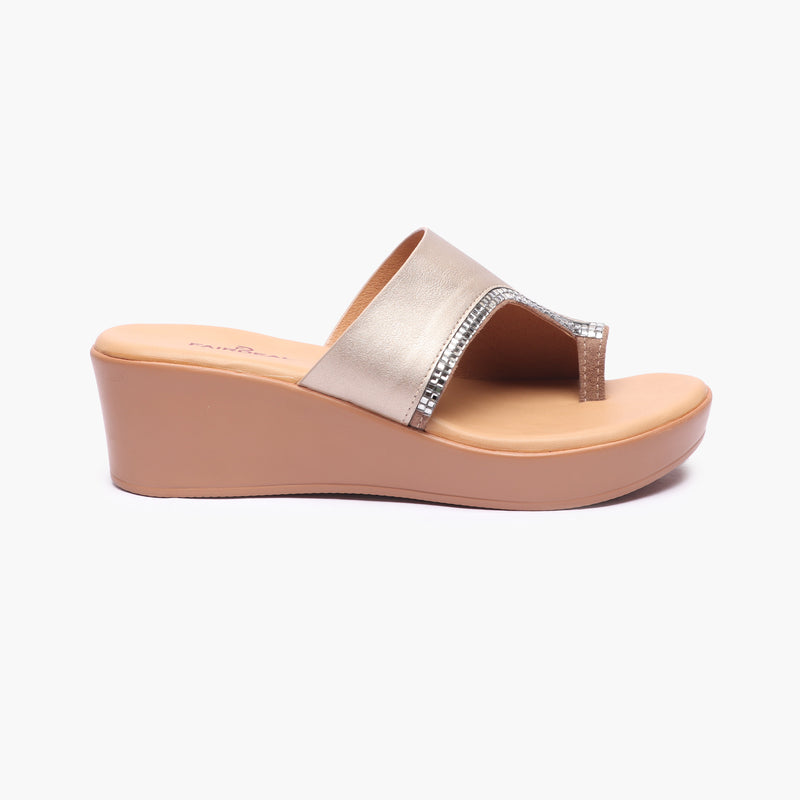 Open Toe Platform Slides gold side profile with heel