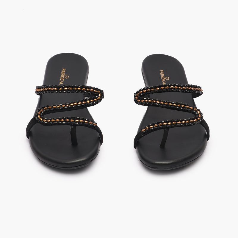 Minimalist Stone Embellished Slides black front angle