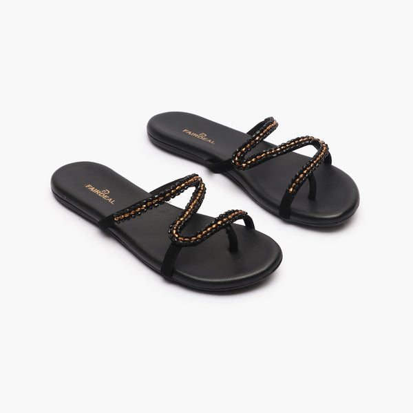 Minimalist Stone Embellished Slides black side angle