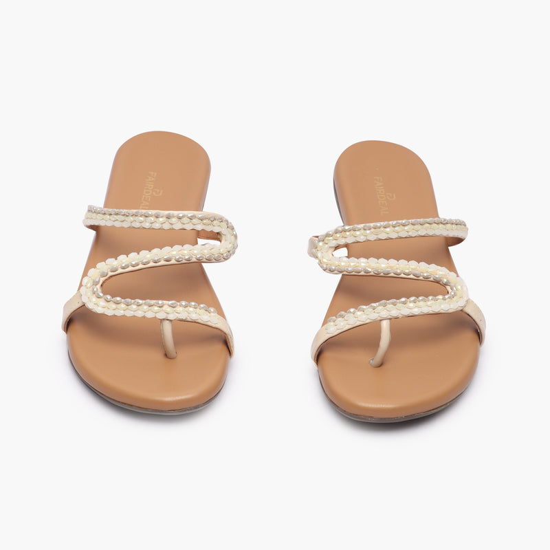 Minimalist Stone Embellished Slides white front angle