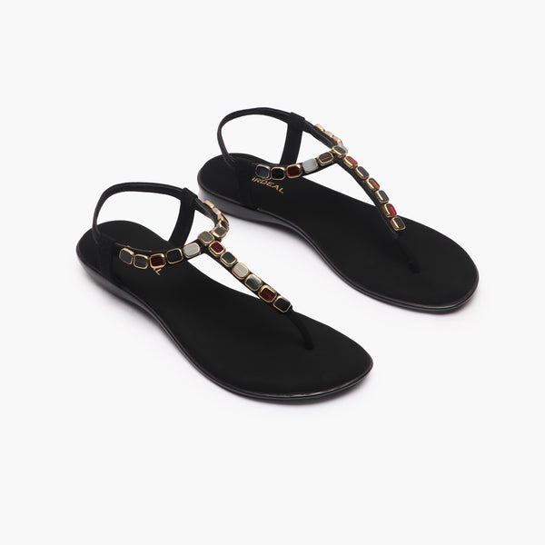 Beaded Flat Sandals black side angle