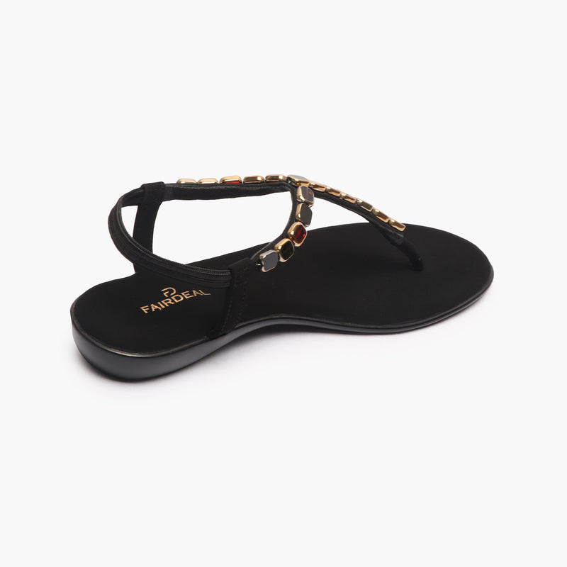 Beaded Flat Sandals black back angle