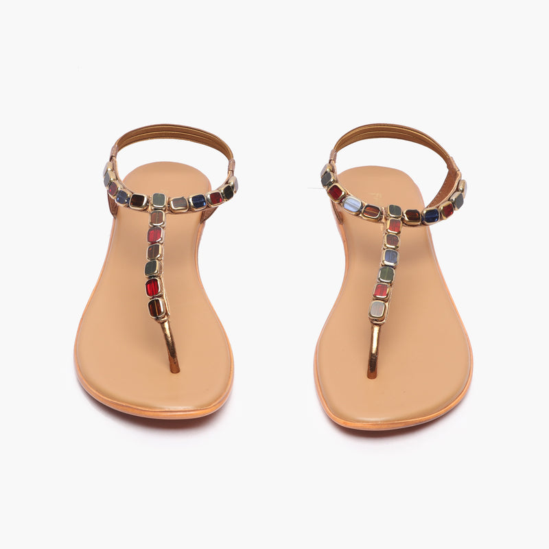 Beaded Flat Sandals gold front angle