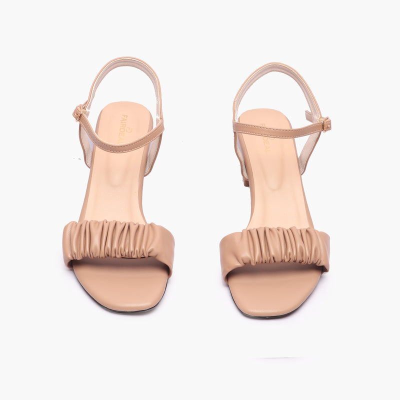 Ruched Block Heel Sandals beige front angle