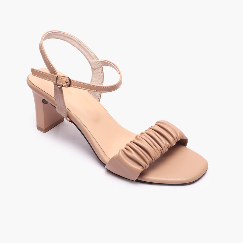 Ruched Block Heel Sandals beige side single