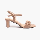 Ruched Block Heel Sandals beige side profile with heel