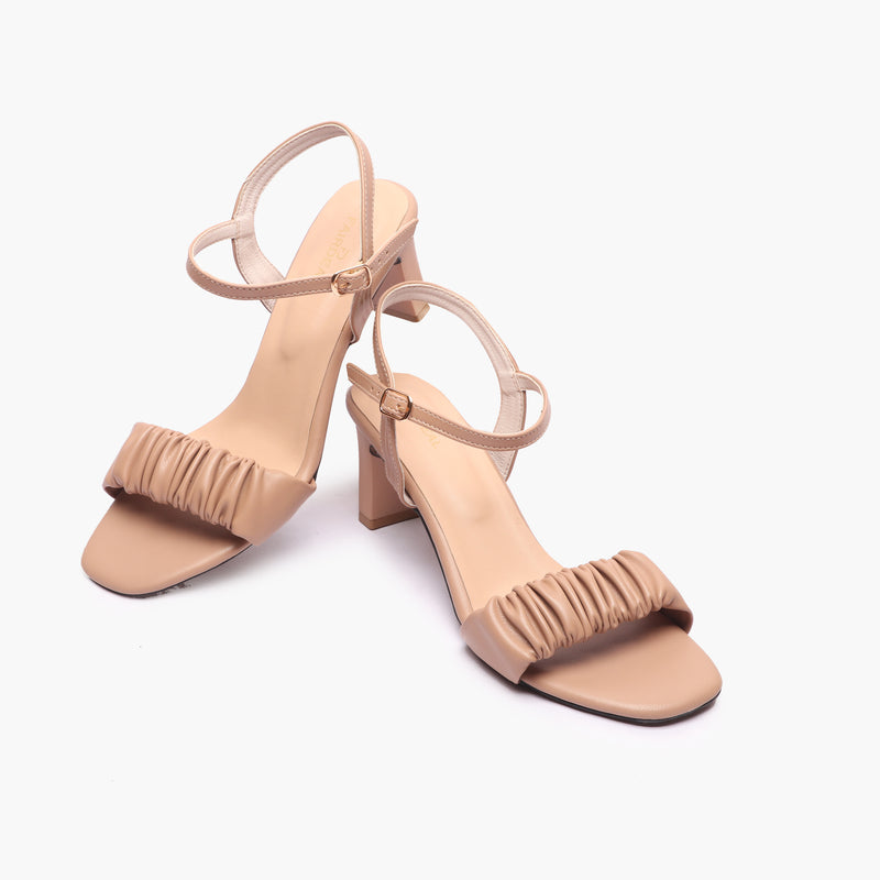 Ruched Block Heel Sandals beige