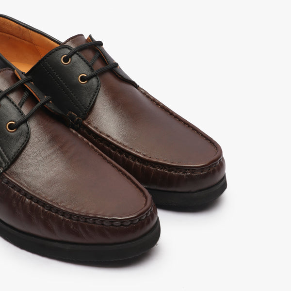 Dual Tone Leather Boat Shoe front angle zoomed in