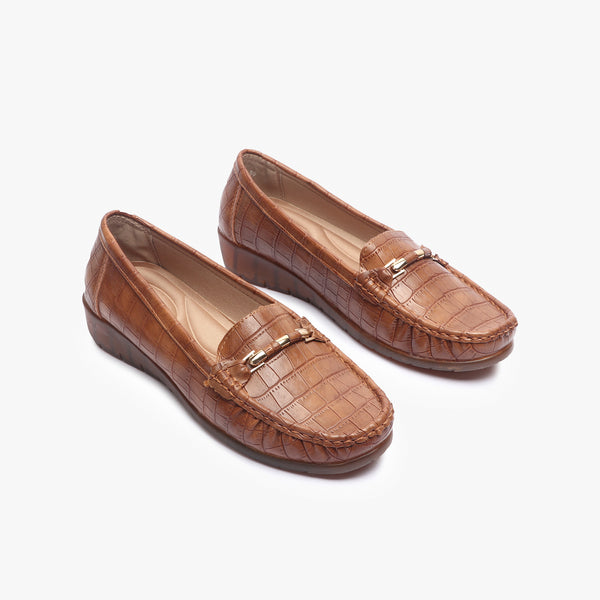 Metal Accented Wedge Heel Loafers rust side angle