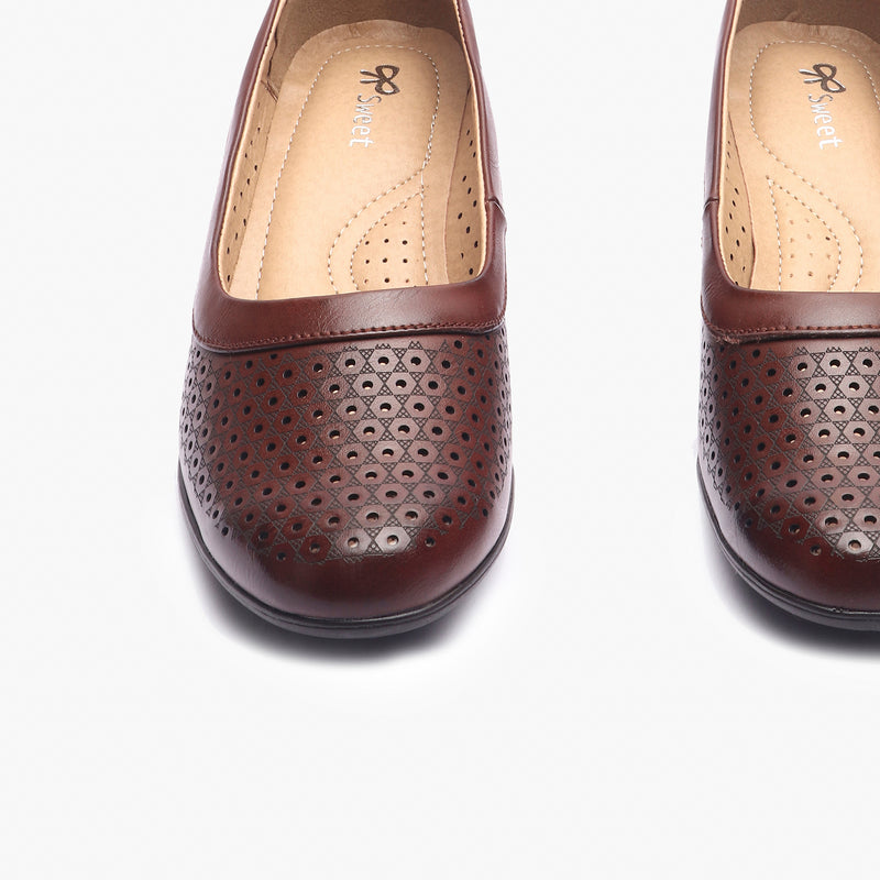 Intricate Perforated Heel Ballerinas brown front angle zoom