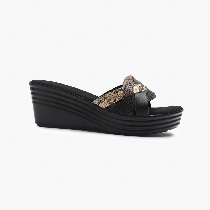 Symmetrical Strap Wedge Slides black side profile with heel