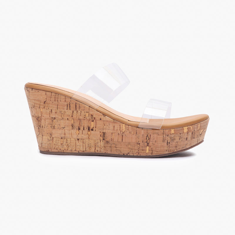 Double Acrylic Strap Wedges tan side profile with heel