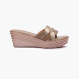 Symmetrical Strap Wedge Slides beige side profile with heel