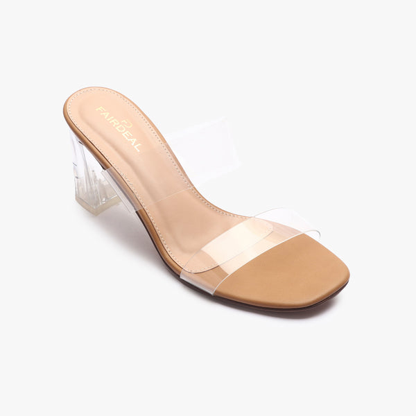 Double Strap Acrylic Heel Sandals tan side single