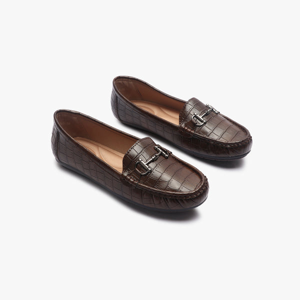 Croc Print Buckle Embellished Loafers brown side angle