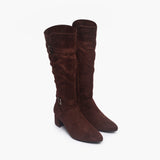 Suede Double Buckle Block Heel Boots brown side angle