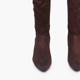 Suede Double Buckle Block Heel Boots brown front angle