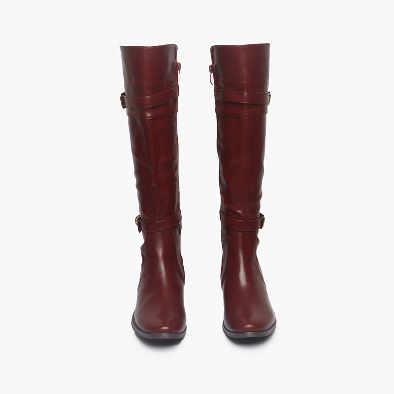 Double Buckle Side Zipper Boots maroon  front angle