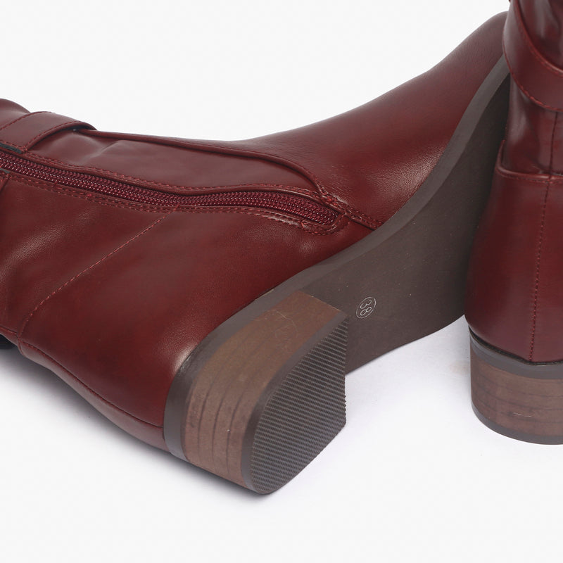 Double Buckle Side Zipper Boots maroon sole