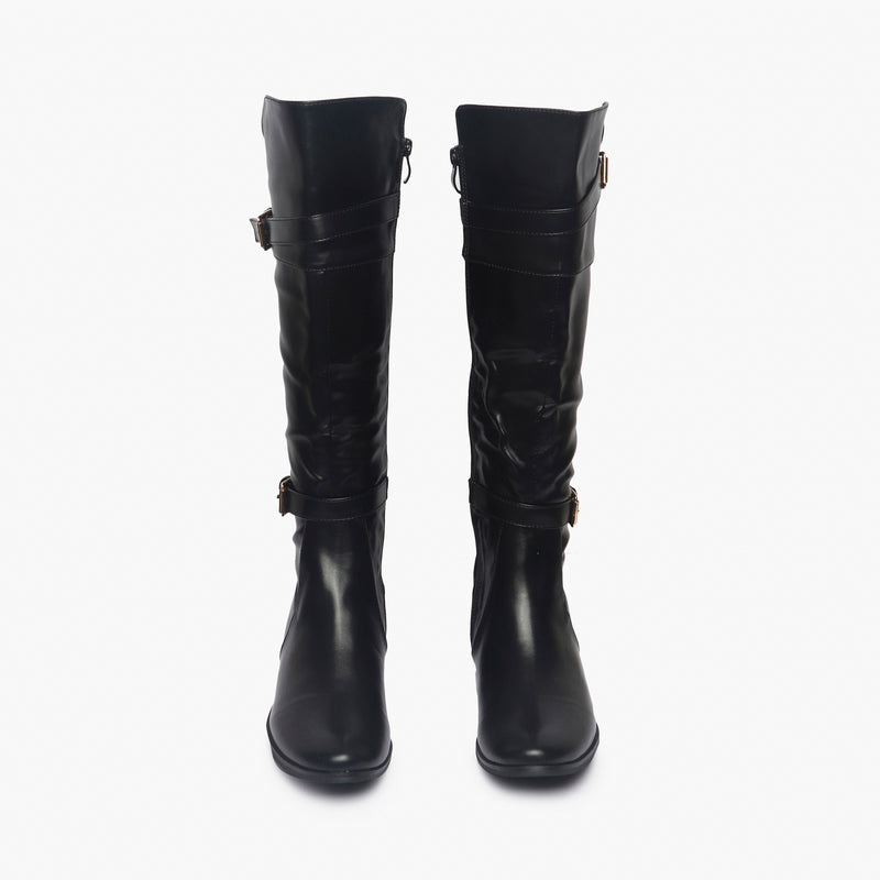 Double Buckle Side Zipper Boots black front angle
