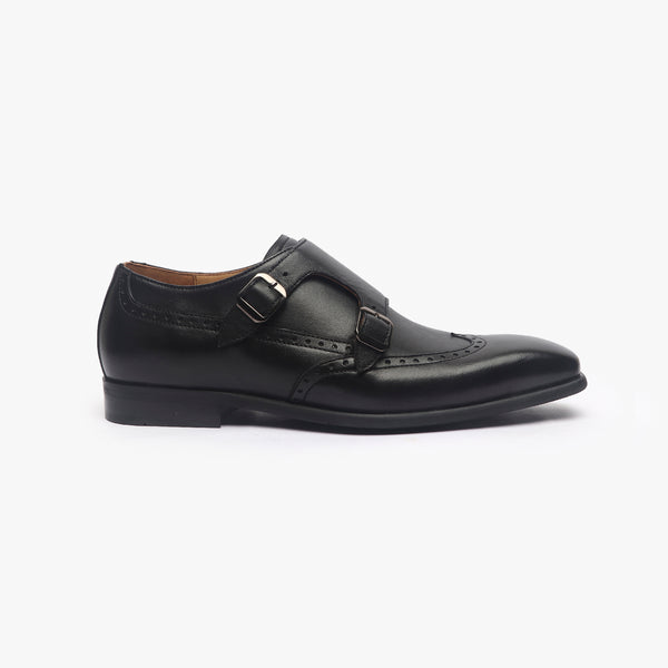 Double Buckle Monk Strap black side profile with heel