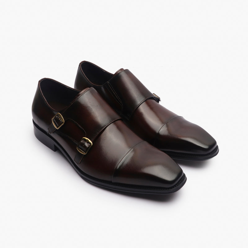 Double Buckle Monk Strap Patina coffee side angle