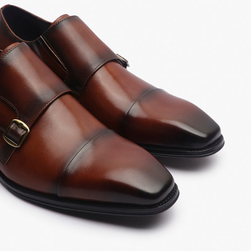 Double Buckle Monk Strap Patina cognac side angle zoom