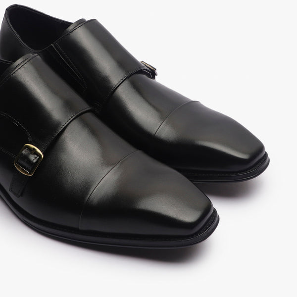 Double Buckle Monk Strap Patina black side angle zoom