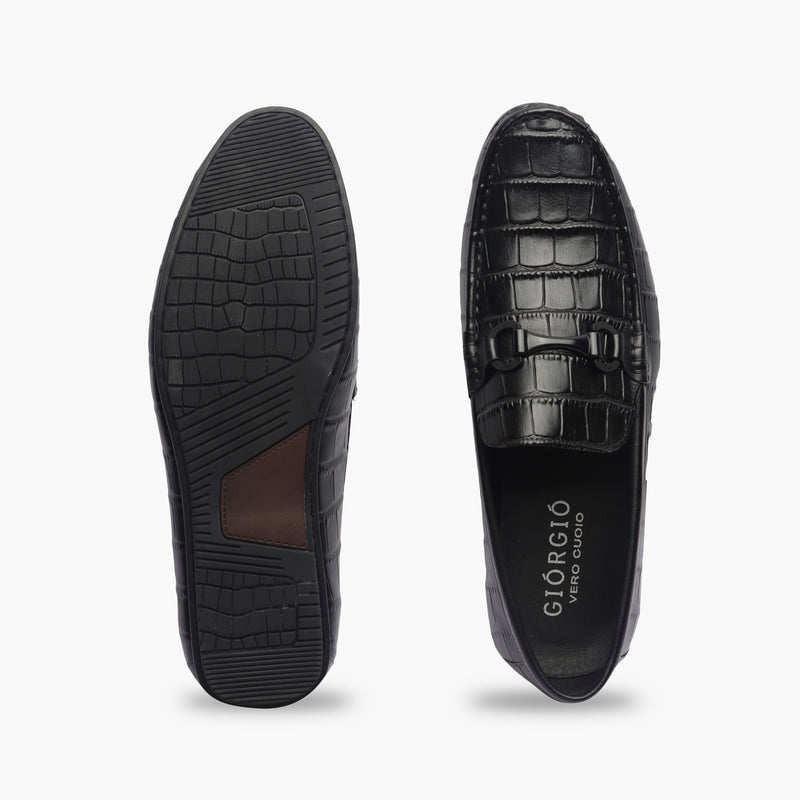 Croc Effect Loafers with Buckle black top and sole