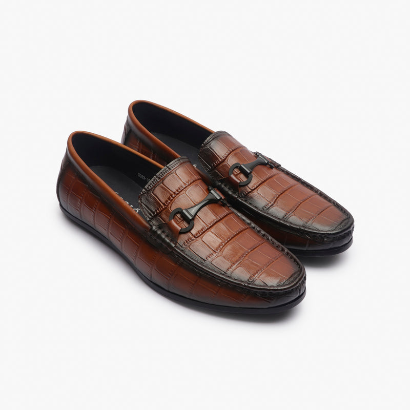 Croc Effect Loafers with Buckle brown side angle
