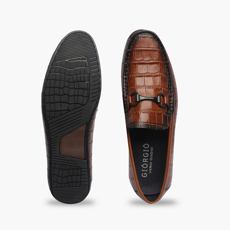 Croc Effect Loafers with Buckle brown top and sole