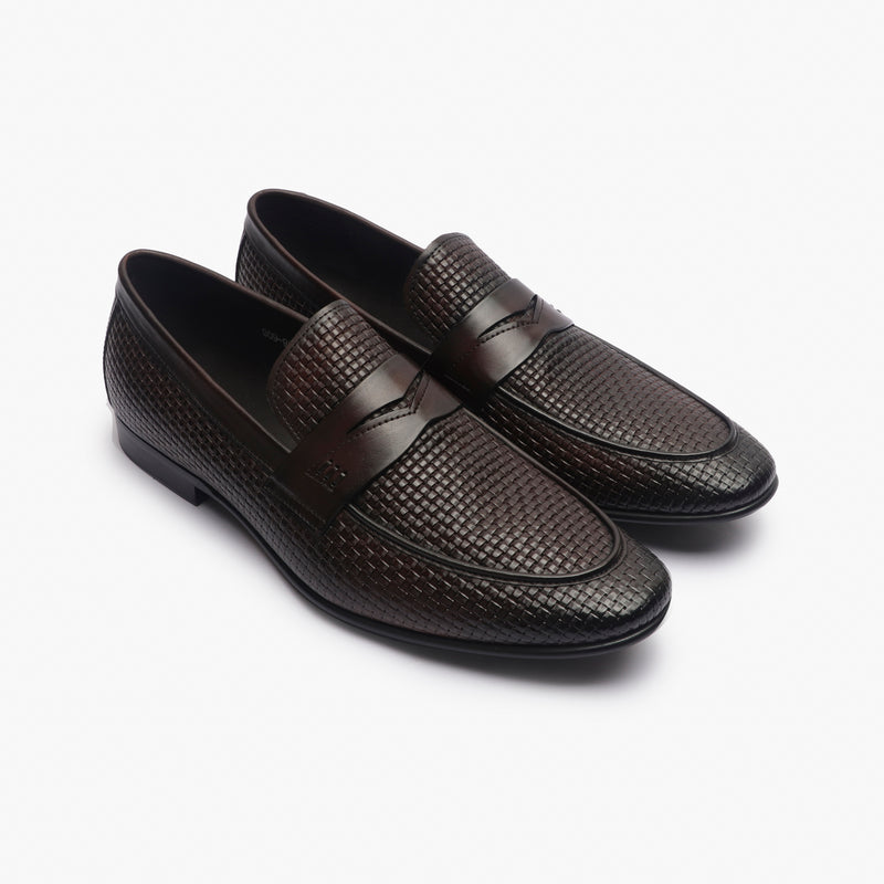 Weave Textured Penny Slip Ons brown side angle