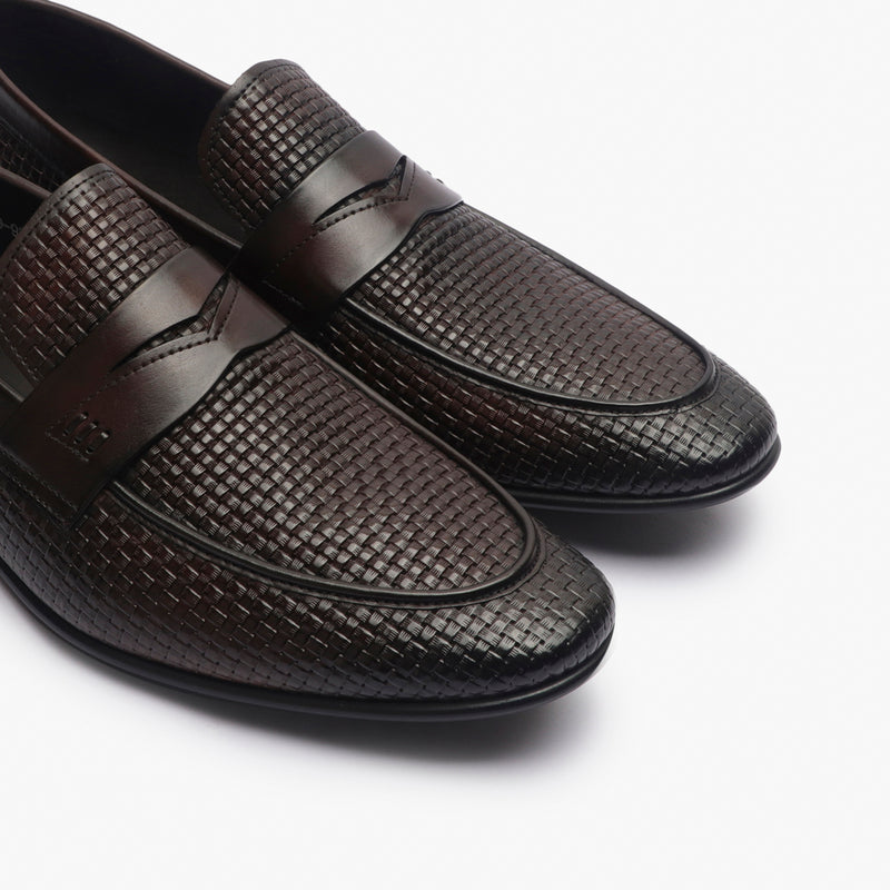 Weave Textured Penny Slip Ons brown side angle zoom