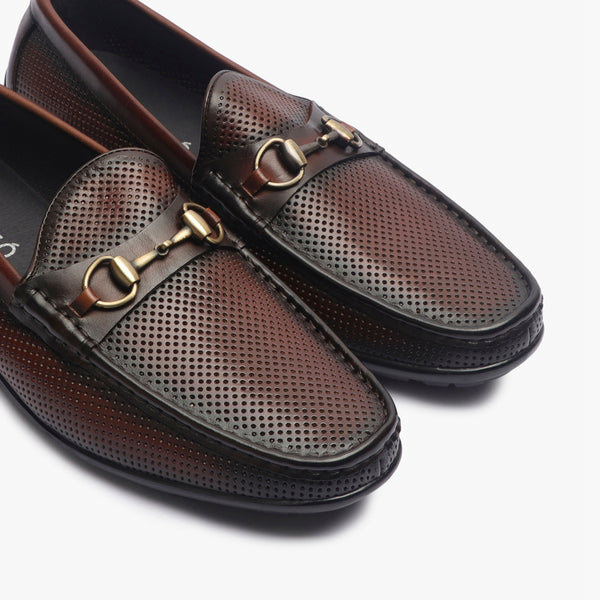 Perforated Leather Loafers with Buckle coffee side angle zoom