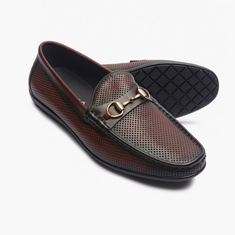 Perforated Leather Loafers with Buckle coffee side and sole