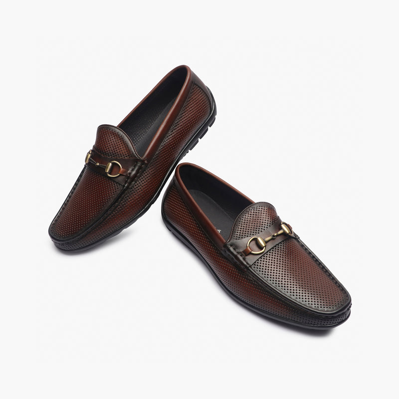 Perforated Leather Loafers with Buckle coffee 