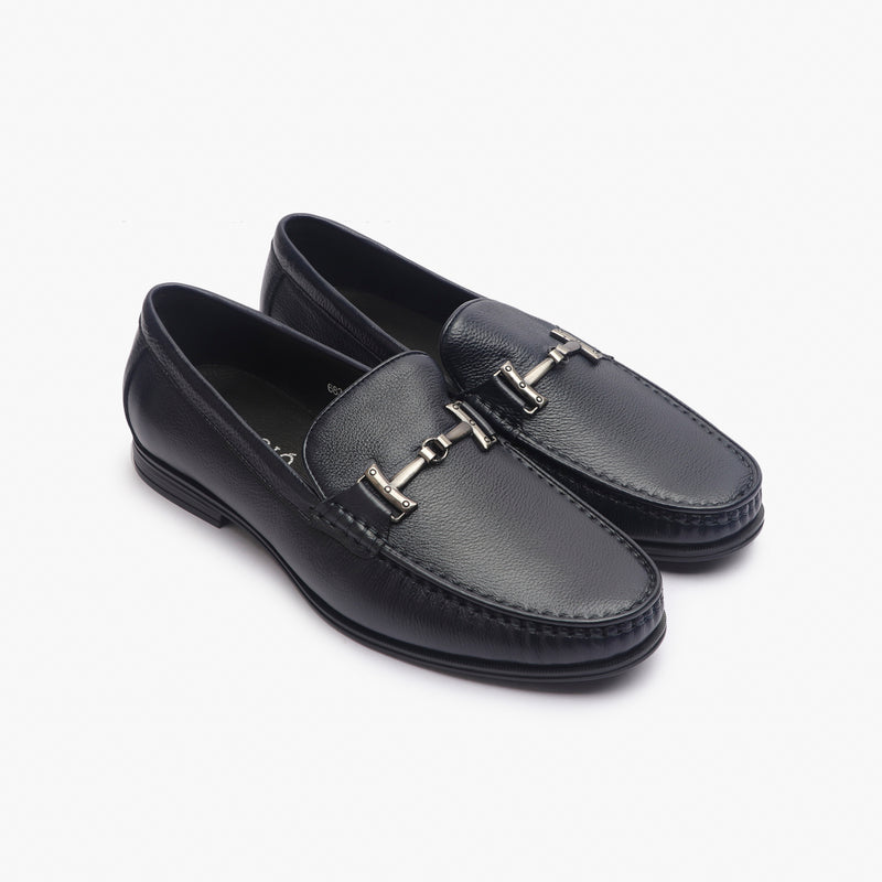 Grain Leather Loafers with Metal Bit navy side angle