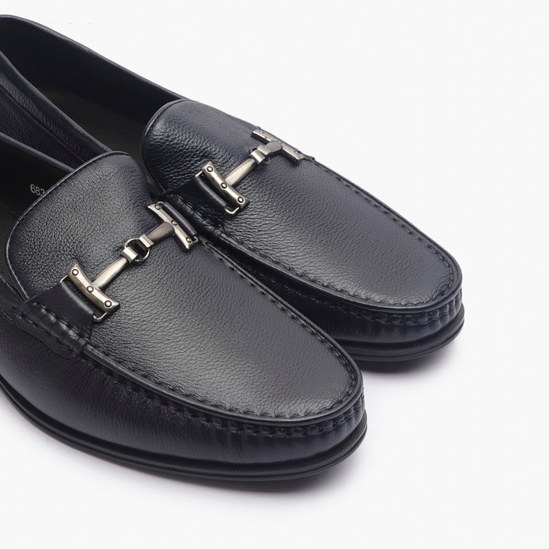 Grain Leather Loafers with Metal Bit navy side angle zoom