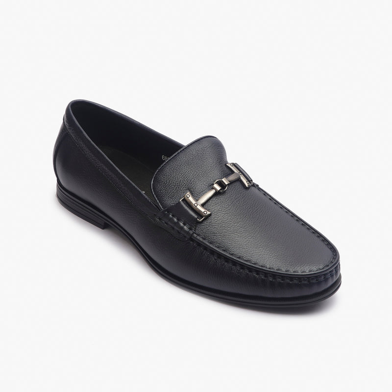 Grain Leather Loafers with Metal Bit navy side single