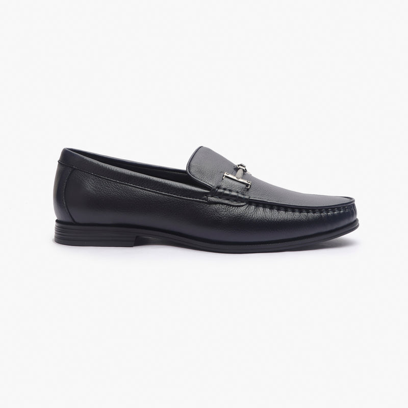 Grain Leather Loafers with Metal Bit navy side profile