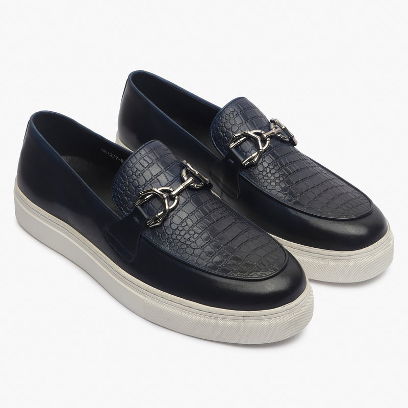 Casual Croc Print Slip Ons with Metal Bit navy side angle