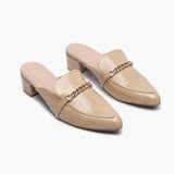 Patent Block Heel Pointed Mules beige side angle